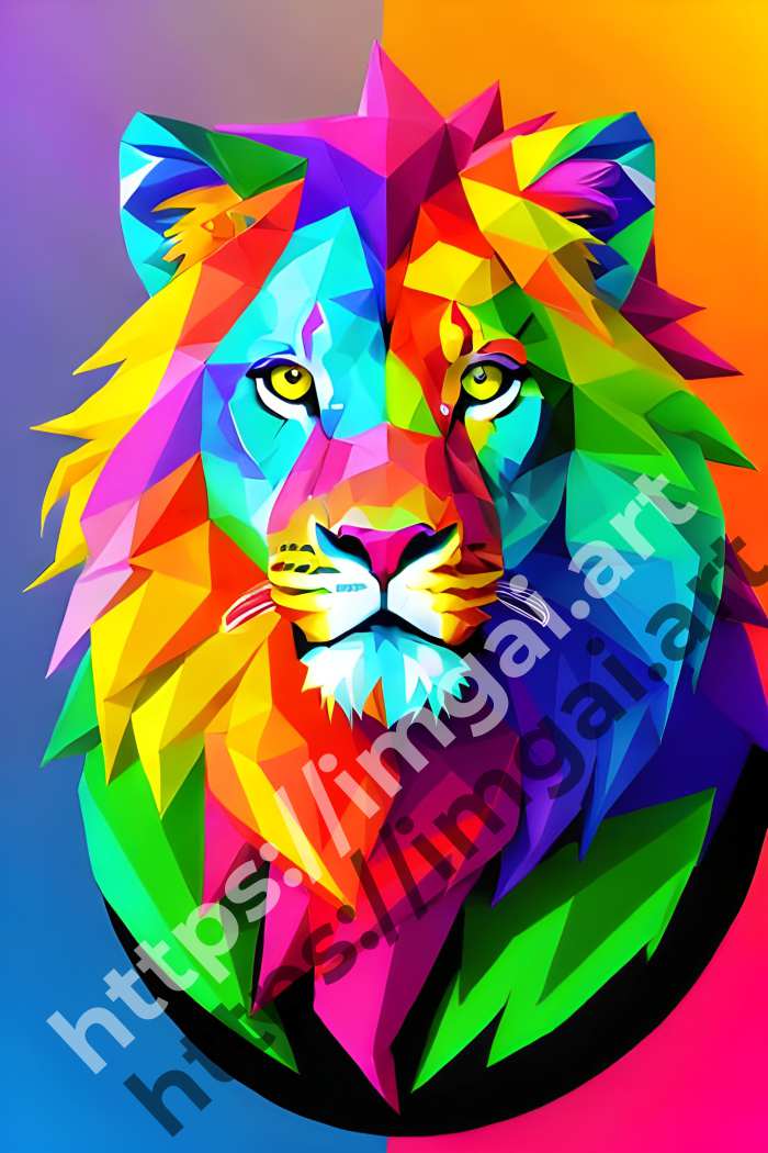  Постер lion (дикие кошки)  в стиле Low-poly, Неоновые цвета. №1211