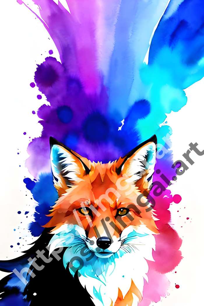  Принт fox (дикие животные)  в стиле Акварель, Splash art. №1393