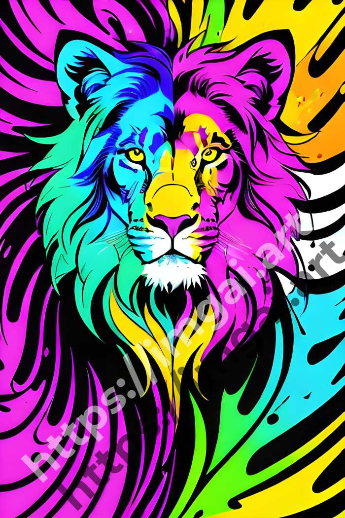  Постер lion (дикие кошки)  в стиле Splash art, Неоновые цвета. №195