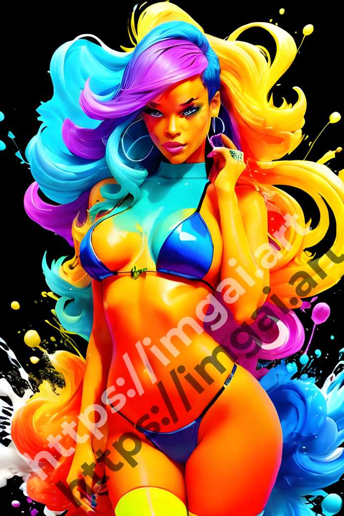  Постер Rihanna (певцы)  в стиле Splash art, Неоновые цвета. №3028