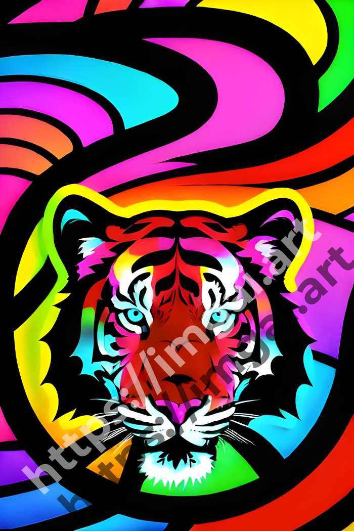  Постер tiger (дикие кошки)  в стиле Клипарт, Неоновые цвета. №343