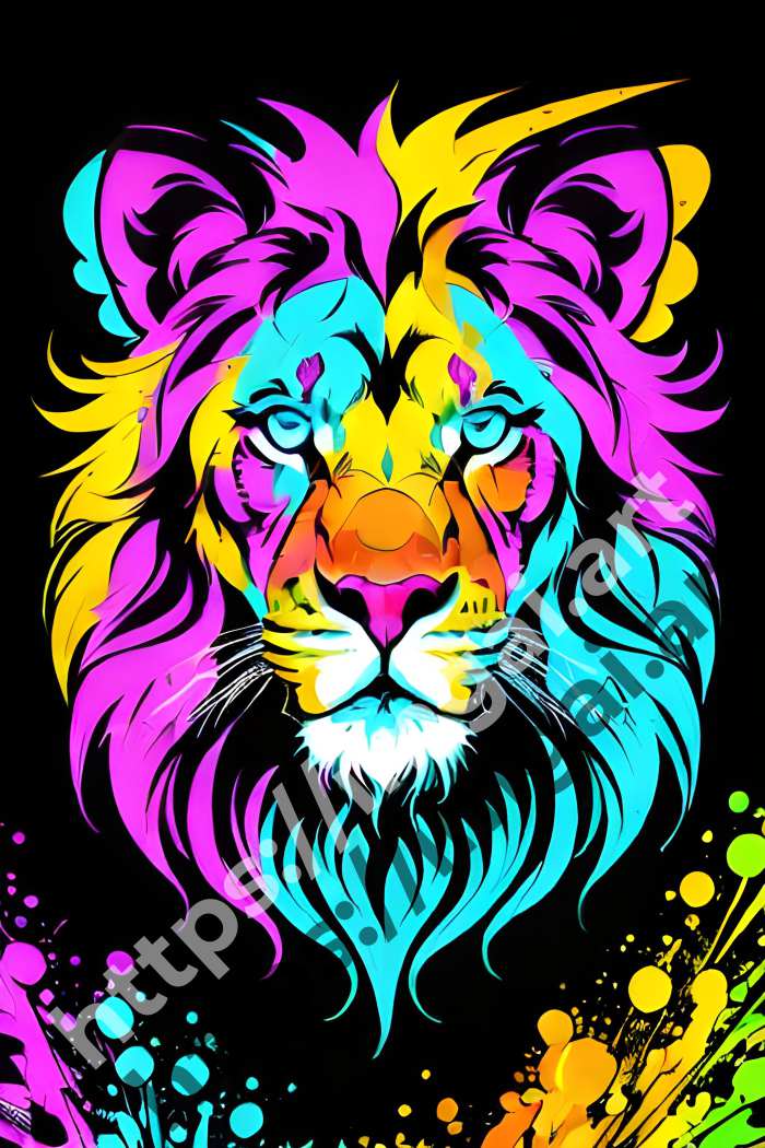  Постер lion (дикие кошки)  в стиле Splash art, Неоновые цвета. №506